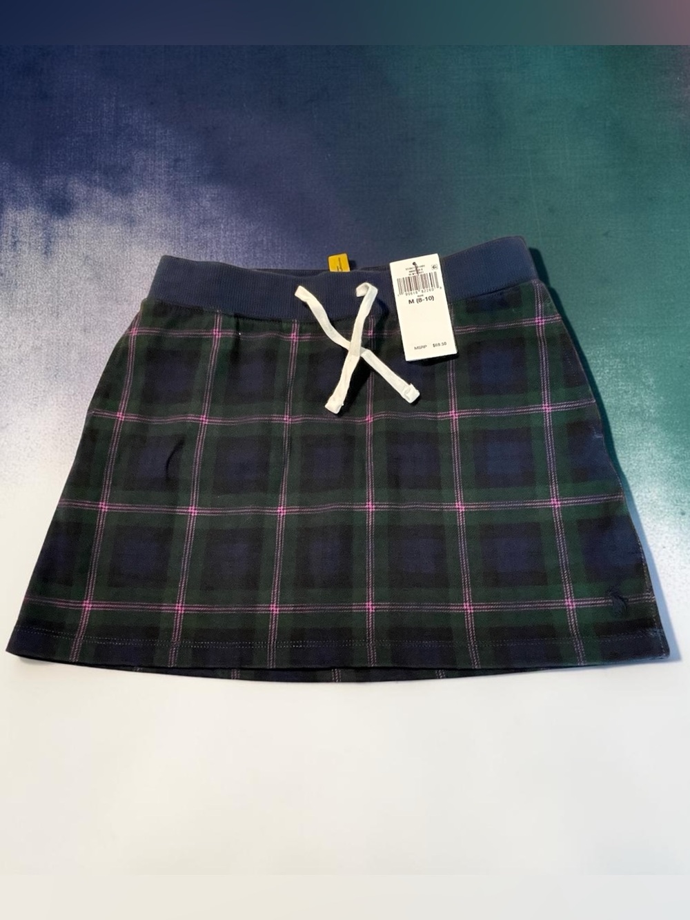 NWT POLO Ralph Lauren Plaid Drawstring Mini Skirt in Green/Pink Trim Size 8/10
